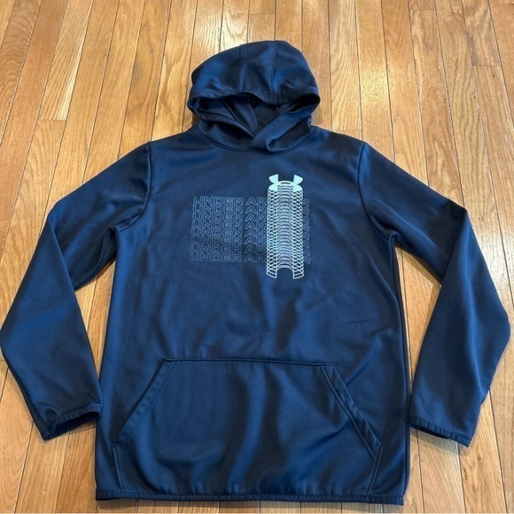 UNDER ARMOUR Boys Fleece Logo Sweatshirt Hooded Hoodie Black YXL Boys XL Loose